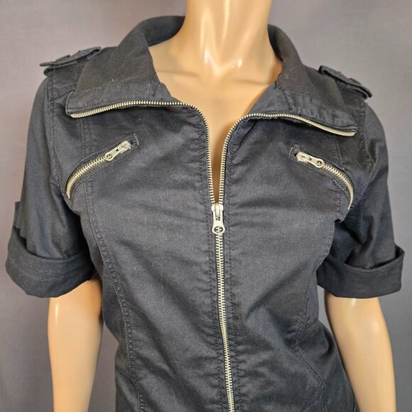 Y2K Black Cargo Mini Dress Size M Le Chateau Zip Up Flap Pocket Utility Emo Punk - Picture 3 of 12